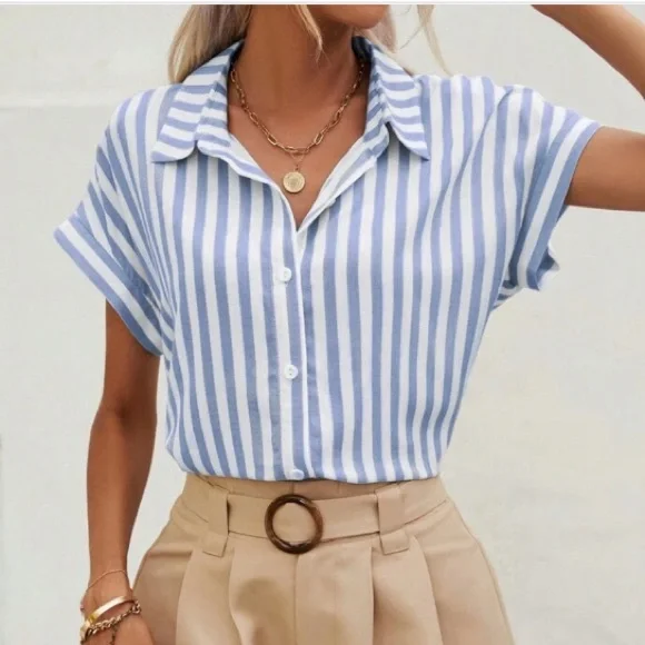 🌻4/$20 SHEIN Curve Frenchy Women's Blue White Striped Batwing Sleeve Shirt 2XL - Picture 4 of 8